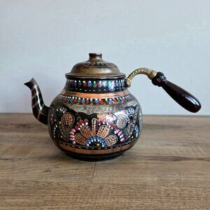 Vintage Turkish hand hammered copper coffee teapot with etched floral design.